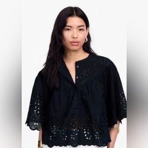 Madewell Black Embroidered Shirred Henley Top Womens Size XS New with tags